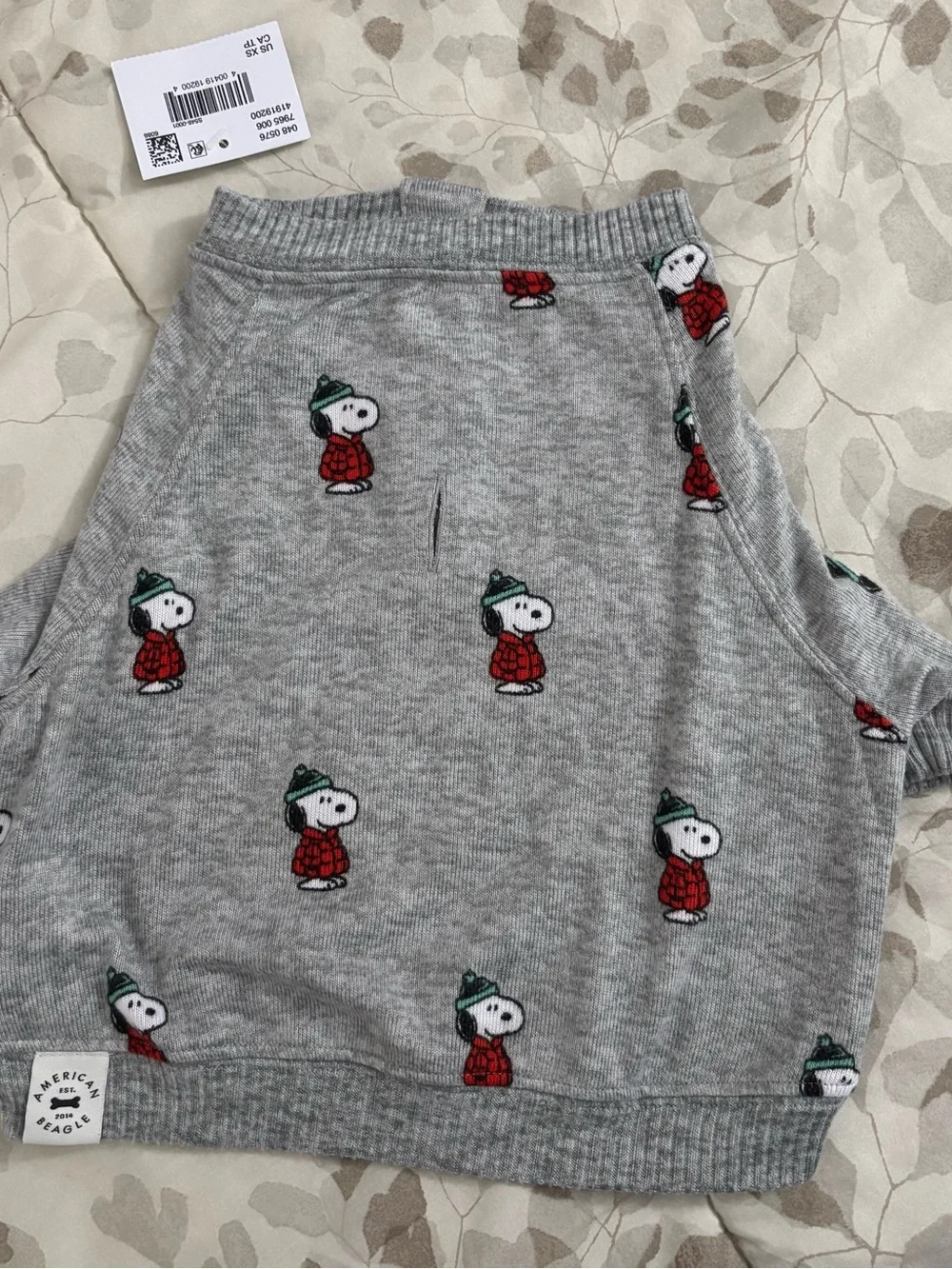 American Eagle Outfitters Grey Knit Dog Sweater with Red & Green Snoopy Motif